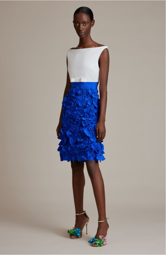 Greta Constantine Drebin Cocktail Dress - A boatneck cocktail dress with a stunning 3D floral applique skirt, perfect for evening events and as Mother of the Bride or Groom attire.
