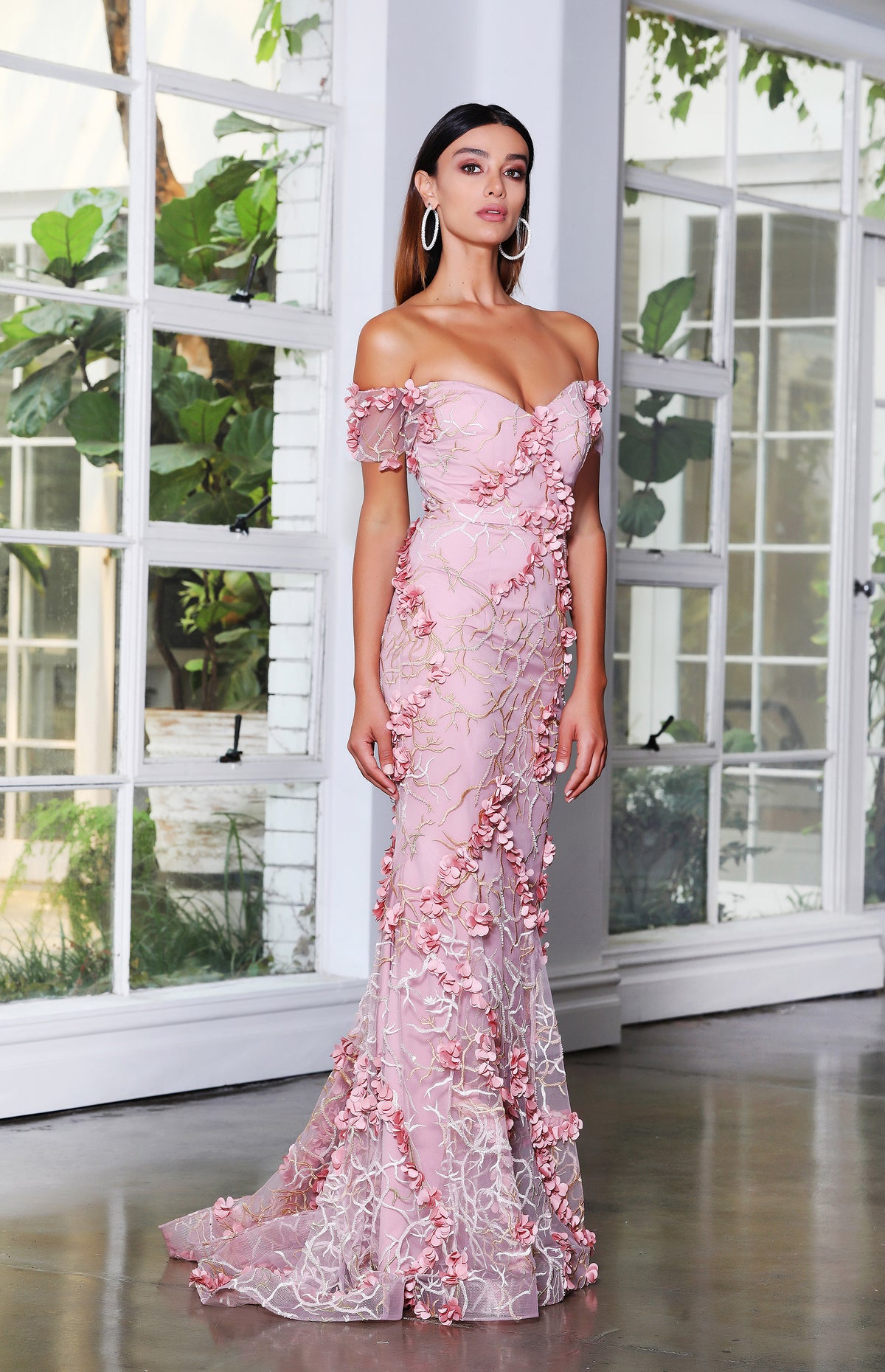 Jadore JX4028 3D Rose Petal Mermaid Evening Gown - A stunning gown with 3D rose petal embellishments and off-the-shoulder neckline.