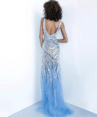 Jovani 3686 Fully Beaded Tulle Prom Dress with Thigh High Slit - An enchanting prom dress featuring a fully beaded tulle design, form-fitting body, floor-length skirt with thigh-high slit and sweeping train, sleeveless bodice, plunging neckline, and open back for a dazzling and glamorous effect.