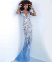 Jovani 3686 Fully Beaded Tulle Prom Dress with Thigh High Slit - An enchanting prom dress featuring a fully beaded tulle design, form-fitting body, floor-length skirt with thigh-high slit and sweeping train, sleeveless bodice, plunging neckline, and open back for a dazzling and glamorous effect.