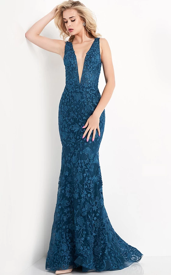 JVN04591 Embroidered Tulle Prom Dress - Elegant sleeveless prom dress with glitter underlay, low V neckline, and open lace-up back, perfect for prom night.
