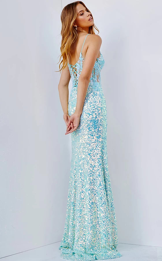 Jovani - JVN24299 - Aqua Illusion Bodice Plunging Neck Prom Dress