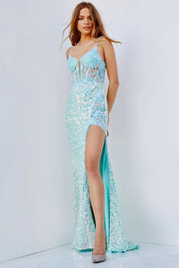 JVN - JVN24299 - Aqua Illusion Bodice Plunging Neck Prom Dress