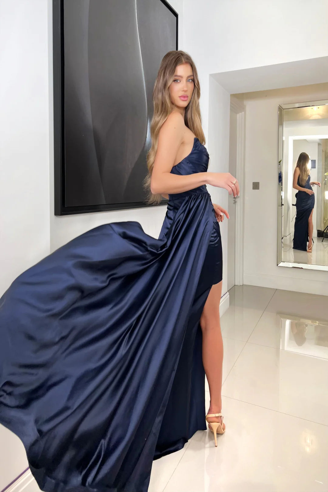 JX6020 Strapless Sweetheart Neck Satin Evening/Prom Dress - A stunning satin dress with a sweetheart neckline and high leg slit, perfect for evening occasions or prom.