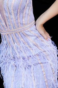 Stunning Jovani Cocktail Dress 09899 - Lilac, Low V Neck, Embellished Homecoming Dress with Feathers - Be the Center of Attention