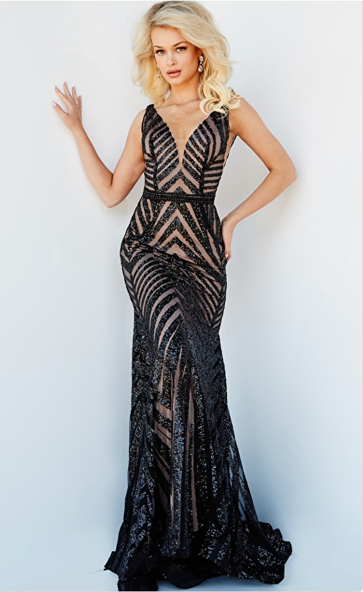 Shop Jovani 03570 black sequin plunging neck sleeveless mermaid prom dress at Madeline's Boutique in Toronto, Canada and Boca Raton, Florida. Perfect for any special occasion with a stunning form-fitting silhouette, embellished waist belt, and sweeping train.