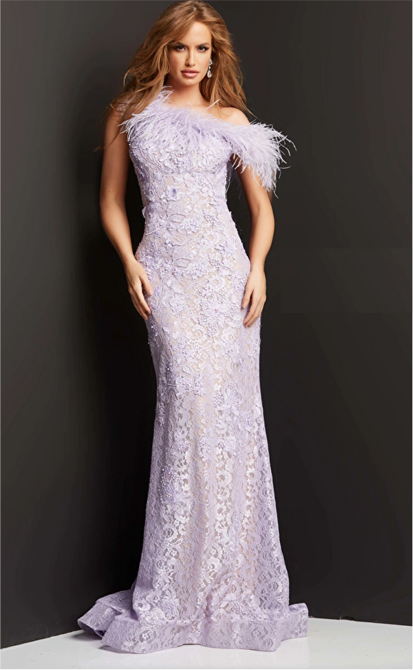 Jovani 06663 Lilac Feathered and Embroidered Evening Gown - A one-shoulder lilac gown with delicate feathers and floral embroidery for a whimsical and ethereal look at evening formal events.