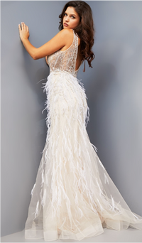 Jovani - 08144 - Beige Illusion Beaded Bodice Prom Dress