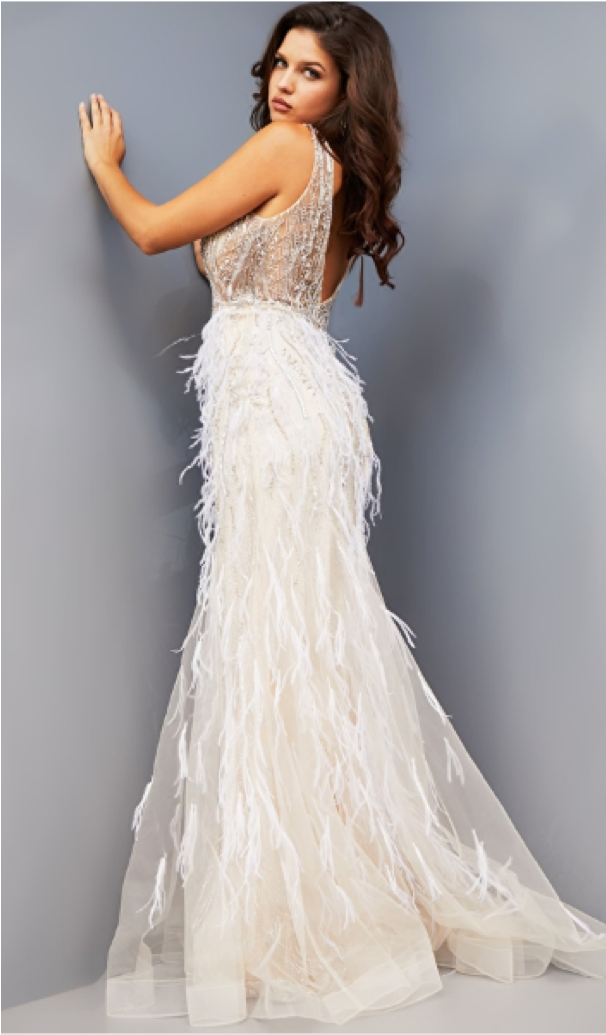 Jovani - 08144 - Beige Illusion Beaded Bodice Prom Dress