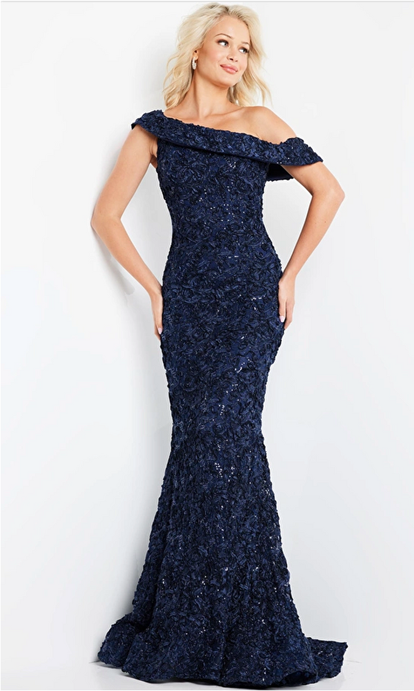 Jovani 09766 French Beaded Lace Mermaid Gown - A timeless and elegant mermaid gown featuring exquisite French beaded lace and an off-the-shoulder neckline for a graceful and sophisticated look.