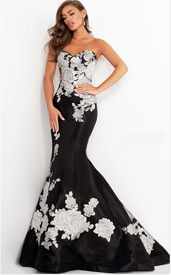 Black Silver Floral Mermaid Evening Dress by Jovani - Strapless Sweetheart Neckline Applique Gown for Evening, Black Tie, or Wedding Guest Dress with Floor-Length Skirt and Small Train - Available at Madeline's Boutique 
