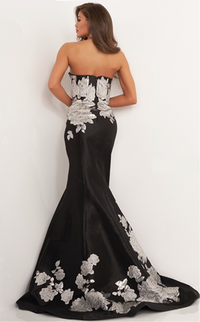 Black Silver Floral Mermaid Evening Dress by Jovani - Strapless Sweetheart Neckline Applique Gown for Evening, Black Tie, or Wedding Guest Dress with Floor-Length Skirt and Small Train - Available at Madeline's Boutique