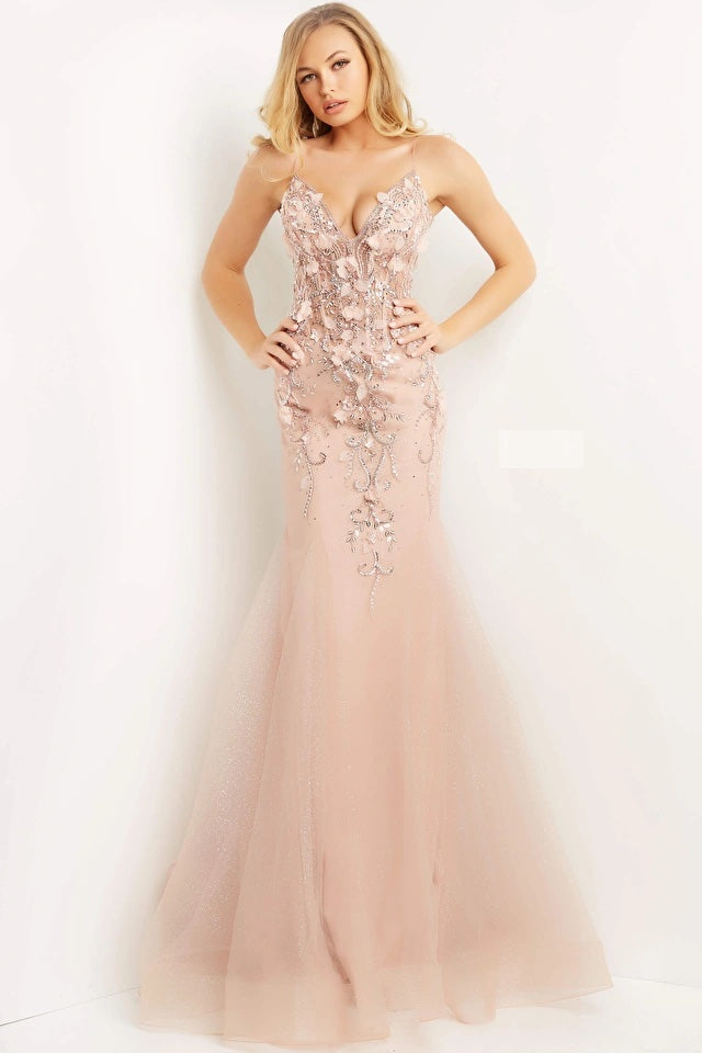 Jovani - 05839: Floral Embellished Evening Gown with Sheer Bodice