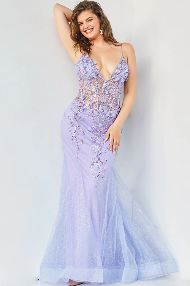 Jovani - 05839 - Blush Plunging Neck Mermaid Prom Dress