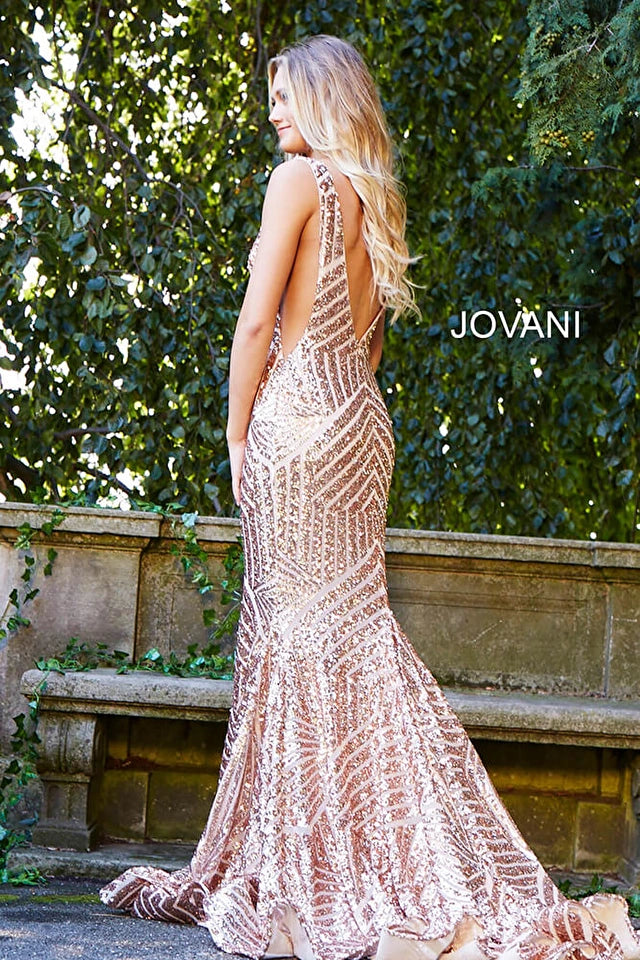 Stunning Jovani 59762 Sequin Embellished Prom Gown with Trumpet Silhouette and Plunging V-Neck - Ideal for Proms, Weddings and Black-Tie Events - Available in Multiple Sizes and Colors.  Back View.  Color in the picture is Rose Gold.
