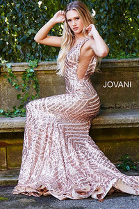 Stunning Jovani 59762 Sequin Embellished Prom Gown with Trumpet Silhouette and Plunging V-Neck - Ideal for Proms, Weddings and Black-Tie Events - Available in Multiple Sizes and Colors. Color in the picture is Rose Gold.