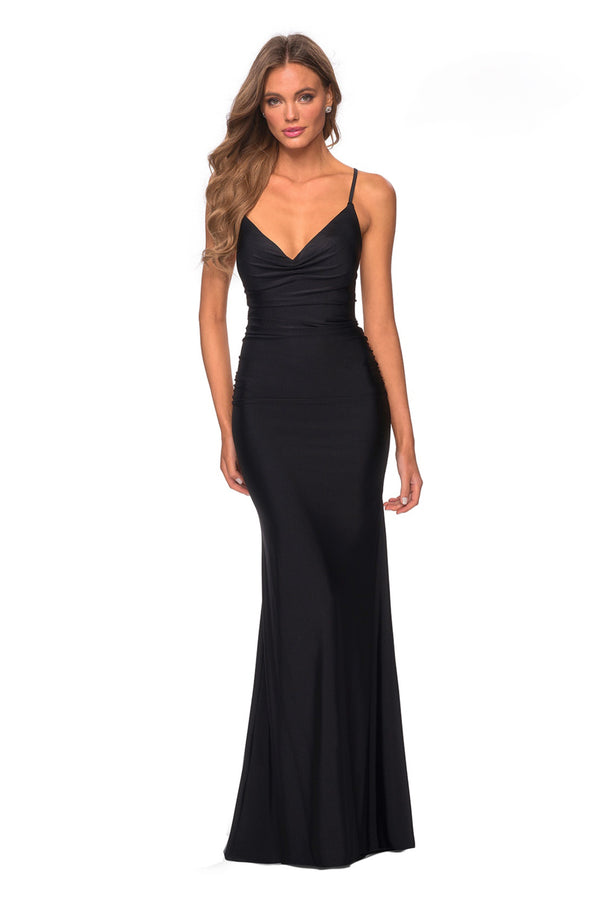 La Femme 28984 Elegant Floor-Length Jersey Prom Dress - A stunning prom dress featuring floor-length jersey, a draped V-neckline, expert ruching, and a lace-up back for an exquisite blend of style and comfort.