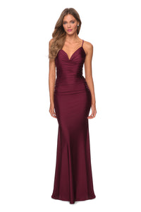 La Femme 27501 Alluring Form-Fitting Long Jersey Prom Dress - A stunning prom dress featuring a form-fitting silhouette, full ruching, a romantic sweetheart neckline, and a strappy back for a modern and chic flair.