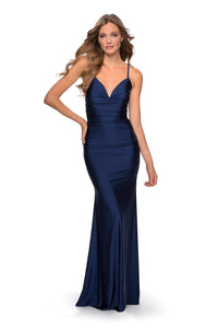 La Femme 27501 Alluring Form-Fitting Long Jersey Prom Dress - A stunning prom dress featuring a form-fitting silhouette, full ruching, a romantic sweetheart neckline, and a strappy back for a modern and chic flair.