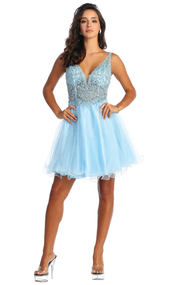 Plunging V-neck homecoming dress by May Queen with beaded sheer bodice, lace applique, and strappy open back. Ideal for homecoming and Bat Mitzvah events.