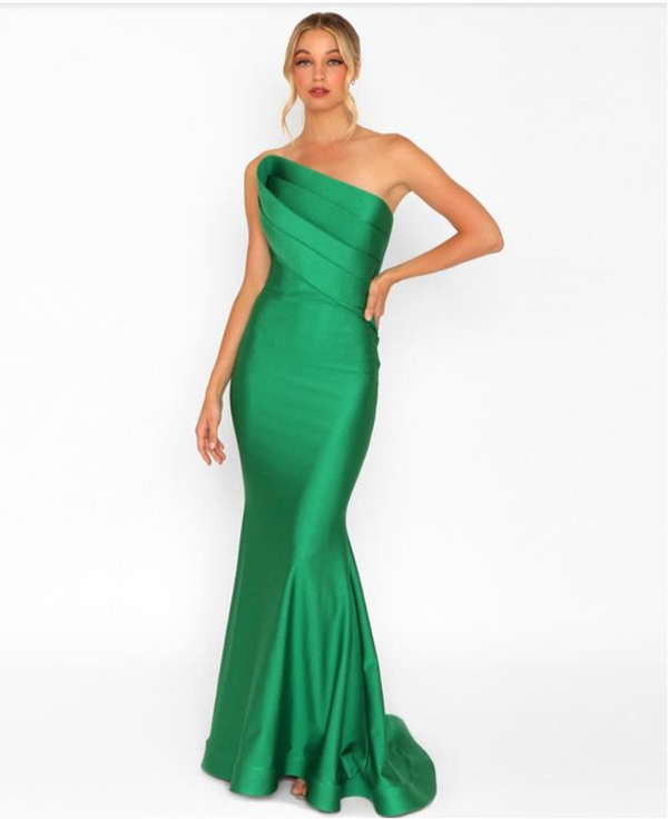 Nicole Bakti 7082 Strapless Asymmetrical Neckline Evening/Prom Dress - A stunning dress featuring a fitted silhouette, strapless asymmetrical neckline, brush train, and pleated bodice for modern elegance and sophistication.