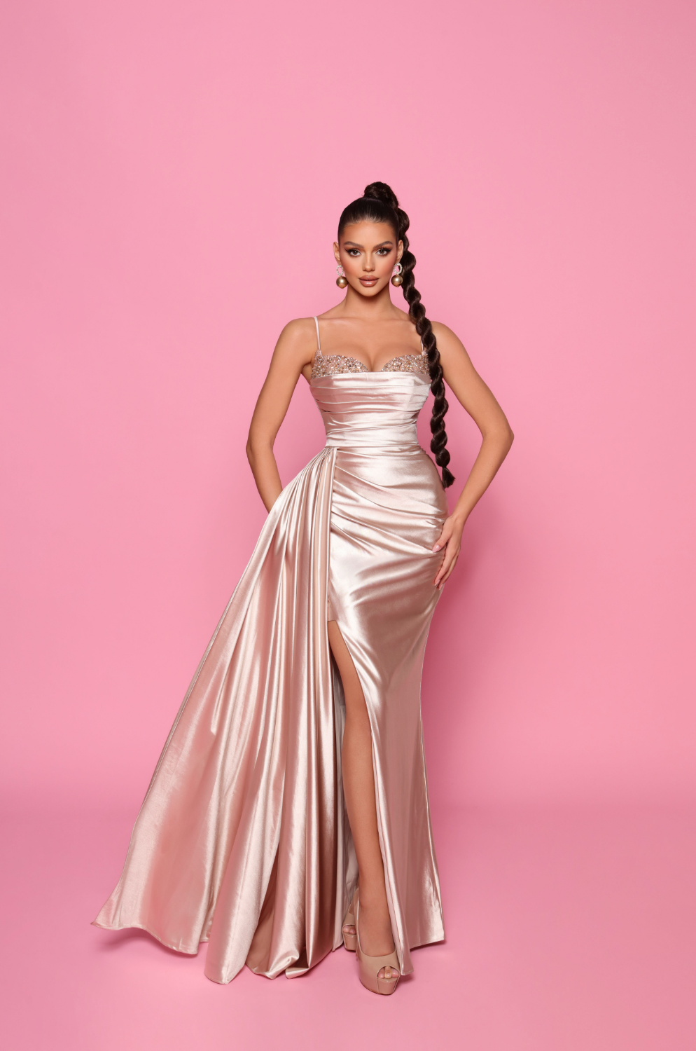 Nicoletta JP153 Jewel Adorned Sweetheart Evening Gown - A stunning evening gown with a jewel-adorned sweetheart neckline, ruching, and a thigh-high slit.