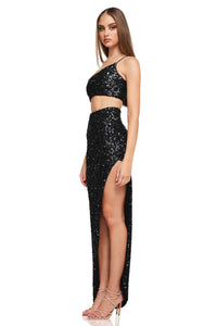 Nookie Smoke Show Skirt and Crop Top Dress - Sparkling One Shoulder Crop and Skirt Set in Black, Chocolate, Rosegold, and Pink - Nookie Style Number NJFM2332 - Sold by Madeline's Boutique