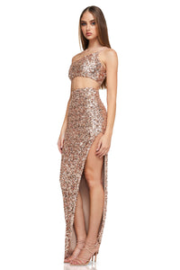 Nookie Smoke Show Skirt and Crop Top Dress - Sparkling One Shoulder Crop and Skirt Set in Black, Chocolate, Rosegold, and Pink - Nookie Style Number NJFM2332 - Sold by Madeline's Boutique