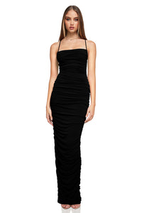 NOOKIE FLIRT MAXI Luxe Sorrento Jersey Cocktail Dress - A fitted maxi dress crafted from luxe sorrento jersey with flattering ruching, thin fully adjustable straps, and a stunning lace-up back, perfect for New Year's Eve parties and cocktail events.