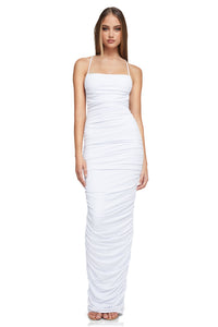 NOOKIE FLIRT MAXI Luxe Sorrento Jersey Cocktail Dress - A fitted maxi dress crafted from luxe sorrento jersey with flattering ruching, thin fully adjustable straps, and a stunning lace-up back, perfect for New Year's Eve parties and cocktail events.