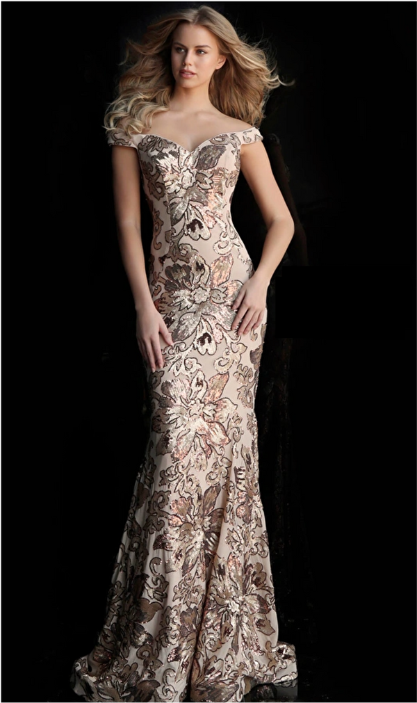 Shop Jovani 63516 Off the Shoulder Sweetheart Neck Dress in Grey, Copper/Gold, and Black/Gunmetal. Sequin details and sleeveless silhouette make it perfect for evening events, weddings, and black tie occasions. Available at Madeline's Boutique