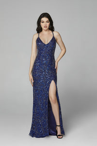 Primavera 3295 Sparkling V-Neck Prom Gown, fully embellished with a thigh-high slit and criss-cross back detailing for a glamorous look. Ideal for making a statement at prom.