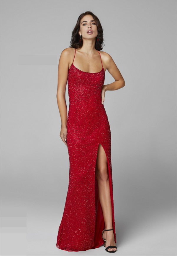 Primavera 3413 Red Beaded Sequin Prom Dress - Sold by Madeline's Boutique in Toronto, Canada and Boca Raton, Florida