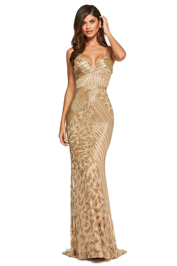 Sherri Hill 53489 Fitted Beaded Evening Gown with V Neckline - A stunning evening gown featuring a fitted silhouette, intricate beadwork, V neckline, and a lace-up back for a captivating and glamorous look.