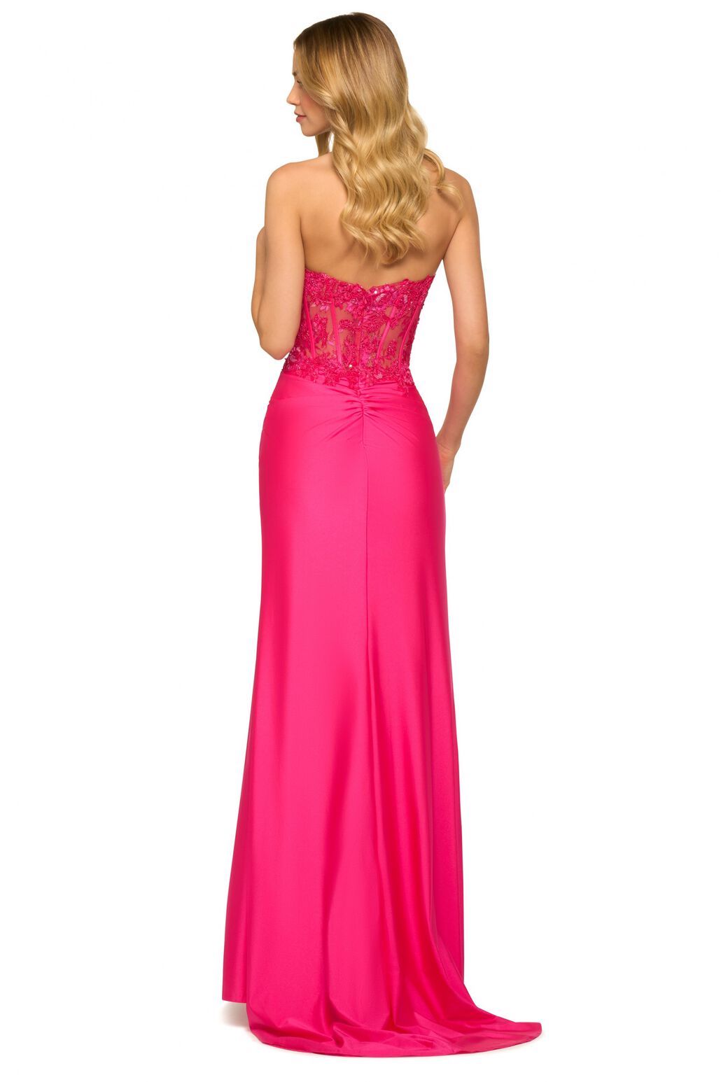 Stunning Sherri Hill dress from Madeline's Boutique in Toronto and Boca Raton - Style 55334: Strapless leaf lace corset bodice and ruched jersey skirt with a sexy slit. Perfect for prom!