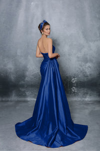 Stunning Tarik Ediz DEJA Dress in Royal Blue | Style 96092 | Strapless Corset Bodice | Side Split | Lightweight Train | Sweep | Sold by Madeline's Boutique