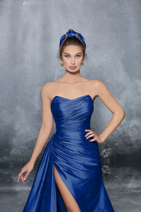Stunning Tarik Ediz DEJA Dress in Royal Blue | Style 96092 | Strapless Corset Bodice | Side Split | Lightweight Train | Sweep | Sold by Madeline's Boutique