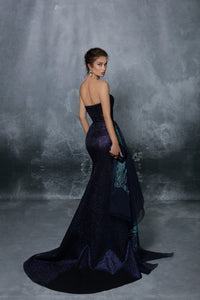 Tarik Ediz FERIS NAVY DRESS 96071 - Floral Pattern Elegance, Navy Blue Petrol Blue Embroidered Dress with Asymmetrical Peplum - Sold by Madeline's Boutique