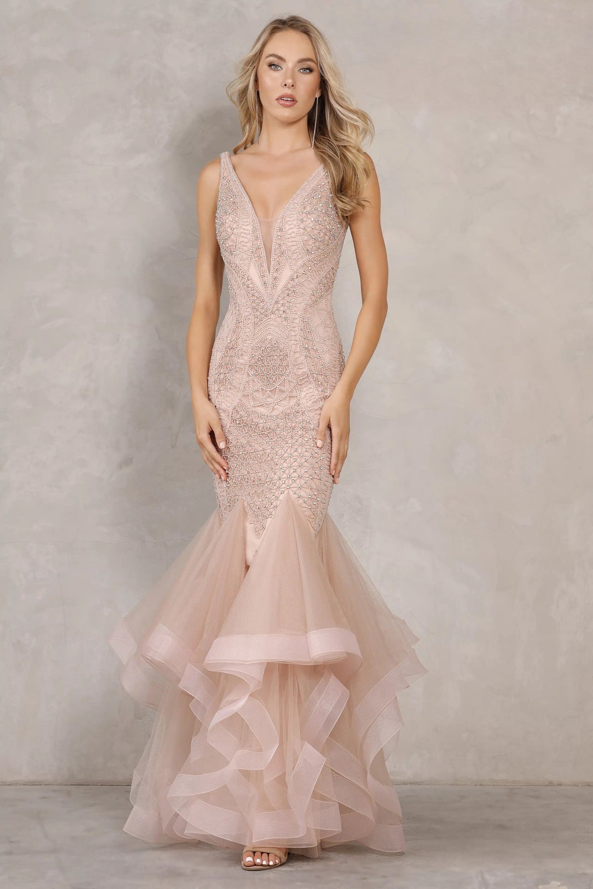 Terani - 2215P0028 - Beaded Fit And Flare With Mermaid Tulle Skirt Dress
