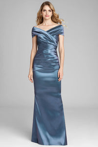 Teri Jon Dress 49096 in Teal - Floor Length Off-The-Shoulder Portrait Ruched Gown - Ideal for Mother of the Bride/Groom, Black Tie Parties, Galas - Sold by Madelines Boutique- Color Slate