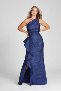 TERI JON 217028 - Jacquard One Shoulder Side Ruffle Gown