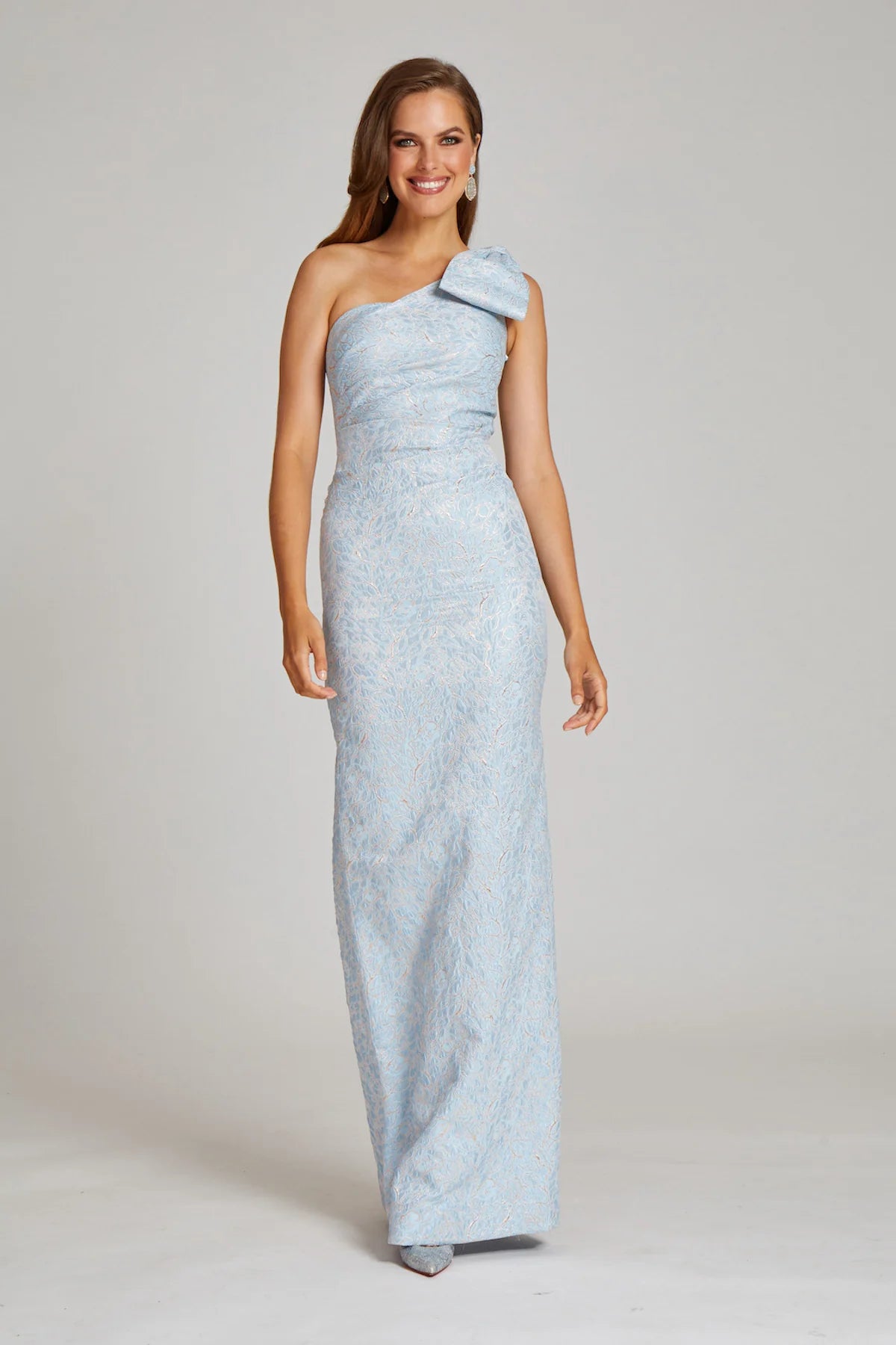 Teri Jon One Shoulder With Bow Stretch Jacquard Column Gown Size 10