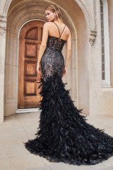 Andrea & Leo A1116 Dress - Floral Beaded Lattice Print Mermaid Gown with Lace-Up Corset, Feathered Lace Train, and Floral Appliques. Perfect for Prom, Pageant, and Red Carpet Events.  Dress in Black.