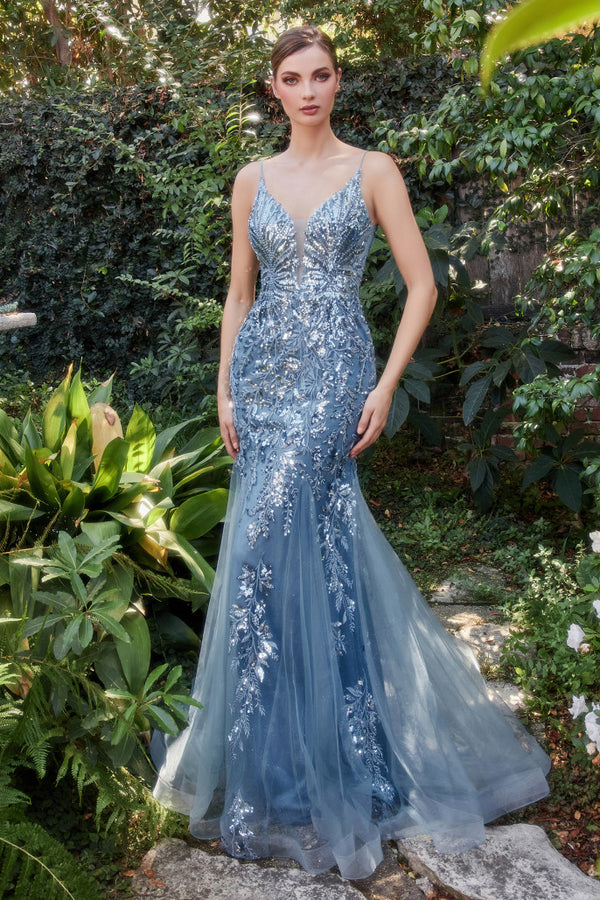 This show stopping mermaid gown by Andrea & Leo (Style No. A1118) has layered tulle godets, floral embellishments, a scoop back, a plunging neckline, and a fitted silhouette. Perfect for formal events and weddings. Available at Madeline's Boutique in Toronto and Boca Raton