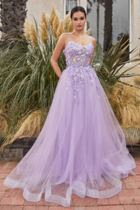 Andrea & Leo A1142 Floral Applique A-Line Gown with Layered Tulle Skirt and Sheer Bodice - Color Lavender