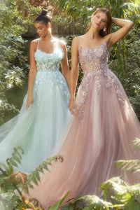 Andrea & Leo A1142 Floral Applique A-Line Gown with Layered Tulle Skirt and Sheer Bodice. Color Pastel Green & Dusty Rose
