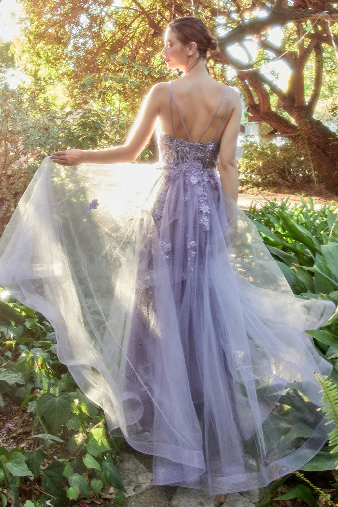 Andrea & Leo A1191 Alicia 3D Floral Applique Embroidery Gown with A-Line Silhouette, Thin Straps, Tulle Skirt, and Lace V-Neckline Bodice.  Color Lavender