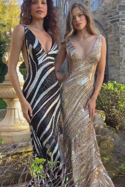 Jovani Dress Style 22314 - Two-tone sequin prom dress with form-fitting silhouette, floor length skirt, sleeveless bodice with illusion sides, plunging V neck, and open back. Available in Black/Silver or Nude/Silver/Gold colors. Sold by Madeline's.  Video of Dresses
