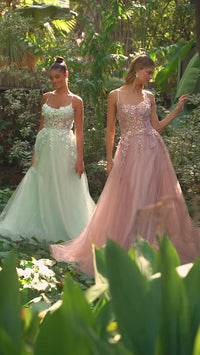 Andrea & Leo A1142 Floral Applique A-Line Gown with Layered Tulle Skirt and Sheer Bodice - Video - Colors Pastel Green - Dusty Rose - Yellow