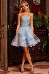 Stunning Ice Blue Fit and Flare Cocktail Dress by Jovani - Style 24050. A dazzling short dress with exquisite embellishments, perfect for your next special occasion. Get ready to turn heads in this show-stopping piece!